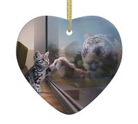 Cat and Reflection Tiger animal Printed decorative ornaments, ceramic heart-shaped ornaments, can be hung on Christmas trees and fireplaces