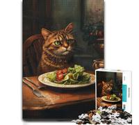 Cat And Salad Painting Illustrated Jigsaw Puzzle for Adults, 1000 PCS