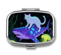 Cat and Shark Pill Box Travel Pill Organizer 2-Compartment with Mirror Design Portable Square Medicine Case for Vitamins, Jewelry & Essentials Durable Pocket Pillcase for Purse, Camping
