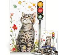 Cat And Traffic Light Watercolor Jigsaw Puzzles 1000 Piece for Adults Thought Training Peaceful Escape Uniform Cut (50x75cm)