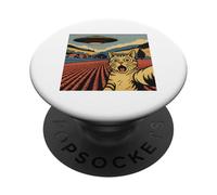 Cat and UFO Retro Design - Funny Alien Invasion PopSockets Adhesive PopGrip