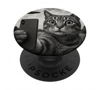 Cat and UFO Taking Selfie Picture in Vintage Sketch Style PopSockets Adhesive PopGrip