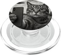 Cat and UFO Taking Selfie Picture in Vintage Sketch Style PopSockets PopGrip for MagSafe