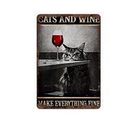 Cat and Wine Make Everything Right Fun Tin Sign Drinking Wine Novelty Sign Cat Lover Gift Vintage Cat Wall Art Home Decor Cat Room Decoration for Living Room Bed Room 20x15cm