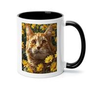 Cat And Yellow Flowers Ceramic Coffee Mug with Handle 11 Ounces, Porcelain Mug Coffee Cup Tea Mug Water Cup Ideal for Coffee,Tea,Latte,Cappuccino,Microwave & Dishwasher Safe Unique Gift Cup