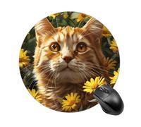 Cat And Yellow Flowers Round Mouse Pad, Non-Slip Rubber Base Waterproof Washable, Computer Mouse Mat for Office Gaming Studying, Premium-Textured Durable Portable Circle Mousepad for Desktop PC Notebo
