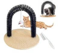Cat Arch Scratcher with Self Groomer - 3-in-1 Cat Arch Toy with Wooden Scratching Pad, Bristle Brush & Interactive Mouse, Pet Massager for Face & Back, Easy to Install (1Pc)