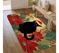 Cat Area Rug, Christmas Festive Poinsettia Berries Christmas Red Low Pile Sponge Soft Doormat Throw Rug Stain Resistant Bathroom Doorway Entryway Bedside Decor 3' X 5'
