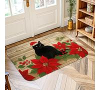 Cat Area Rug, Christmas Festive Poinsettia Berries Christmas Red Non-Slip Doormat Rectangle Print Accents Rug Laundry Room Bathroom Doorway Entryway Decor 2' X 3'