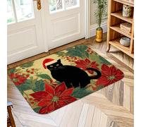 Cat Area Rug, Christmas Festive Poinsettia Berries Christmas Red Non-Slip Doormat Rectangle Throw Rug Non Shedding Laundry Room Bathroom Doorway Entryway Decor 2' X 3'