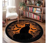 Cat Area Rug, Halloween Gothic Bats Moon Halloween Black Non-Slip Backing Edge Binding Doormat Throw Rug Circle Entryway Bathroom Laundry Room Decor 4' X 4'