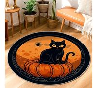 Cat Area Rug, Halloween Seasonal Pumpkin Spider Halloween Black Low Pile Doormat Round Throw Rug Stain Resistant Bathroom Entryway Bedside Doorway Decor 3' X 3'