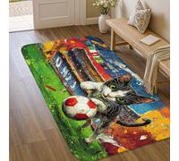 Cat Area Rug, Playful Contemporary Soccer Ball Colorful Background None Green Low Pile Sponge Soft Doormat Throw Rug Stain Resistant Bathroom Entryway Bedside Laundry Room Decor 3' X 5'