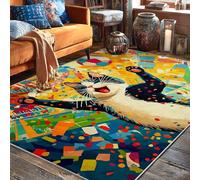 Cat Area Rug, Playful Modern Soccer Ball Colorful Shapes None Yellow Low Pile Home Floor Rectangle Print Carpet Rugs for Living Room Bedroom New Home Dining Decor 5' X 7'