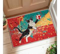 Cat Area Rug, Playful Modern Soccer Ball Splashes Summer Red Low Pile Doormat Throw Rug Edge Binding Laundry Room Bathroom Doorway Entryway Decor 2' X 3'