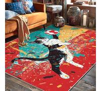 Cat Area Rug, Playful Modern Soccer Ball Splashes Summer Red Non-Slip Backing Edge Binding Home Rectangle Carpet Rugs for Living Room Bedroom College Dorm Kitchen Decor 5' X 7'