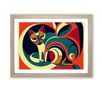 Cat Art Deco Vol.3 Abstract Orange, Red, Black Framed Wall Art Print - Ready to Hang Picture - Modern Art for Living Room Bedroom Kitchen Home - Oak A3 (36 x 48 cm)