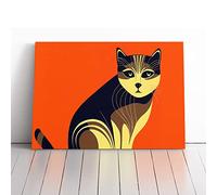 Cat Art Deco Vol.6 Abstract Orange, Orange, Blue | Canvas Wall Art Print | Framed & Ready to Hang Picture | Modern Home Decor for Living Room, Bedroom, Kitchen or Office | 30x20 Inches
