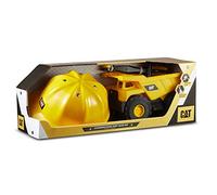 CAT articulated freewheeling dump truck and construction helmet