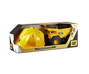 CAT articulated freewheeling dump truck and construction helmet