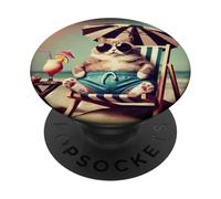 Cat at Beach Funny Summer Relaxation Vacation PopSockets Adhesive PopGrip
