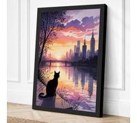 Cat at City Sunrise Canvas Wall Art Print 36x24 Inch