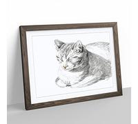 Cat At Peace By Jean Bernard Vintage Framed Wall Art Print, Ready to Hang Picture for Living Room Bedroom Home Office Décor, Walnut A3 (46 x 34 cm)