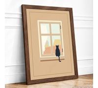 Cat at the Window Minimalist Framed Wall Art Print A1 (84.1×59.4cm) Walnut, Wall Decor for Living Room, Bedroom, Office & Home, Ready to Hang, Art Gift