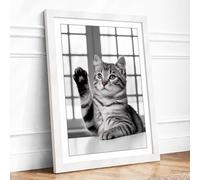 Cat at the Window Minimalist Framed Wall Art Print A4 (29.7×21cm) White, Wall Decor for Living Room, Bedroom, Office & Home, Ready to Hang, Art Gift