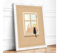 Cat at the Window Minimalist Framed Wall Art Print A4 (29.7×21cm) White, Wall Decor for Living Room, Bedroom, Office & Home, Ready to Hang, Art Gift