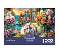 Cat at Window 1000 Pc Puzzle for Wall Decor - Sleeping Cat with Blooms Inch Suitable for Decompression And Wall Decor for Adults52x38cm/1000pcs