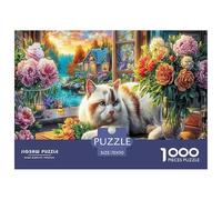 Cat at Window 1000 Pc Puzzles for Adults Kids - Sleeping Cat with Blooms Jigsaw Puzzle Educational Game Challenge Wall Decoration70x50cm/1000pcs