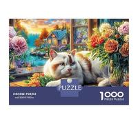 Cat at Window 1000 Pcs 3-Layer Cardboard Cat in Blooms Classic Puzzle, Ultra Hard, Stress Relief, Wall Decor & Family Game Night Gift 38x26cm/1000pcs