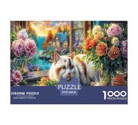 Cat at Window 1000 Pieces Puzzle Game - Sleeping Cat with Blooms The Whole Family Fun And Challenging Activity for Home Decompression38x26cm/1000pcs