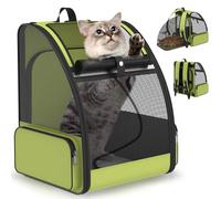 Cat Backpack Carrier for Travel Hiking: Expandable Foldable Breathable Mesh Soft Sided Ergonomic Design Small Dog Puppy Kitty up to 15lbs Camping Outdoor Green