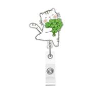 Cat Badge Reel Retractable Acrylic Badge Clip for Nurse Doctor & Nursing Student St. Patrick’s Day White Cat Holding Shamrock Flower Designs Acrylic Nurse ID Name Tag Badge Holder with Alligator Clip