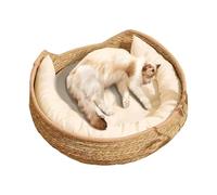 Cat Basket Bed - Round Straw with Removable Cushion | Indoor Furniture All Year Round for Rest, Scratching, Sleeping Pets, Kittens, Dogs