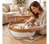 Cat Basket Bed with Cushion and Hanging Ball Toy, Handwoven Cat Instinct Basket with Cute Ear Handles, All-Season Woven Cat Bed for Indoor Cats & Kittens, Scratch-Resistant，Brown，M-40cm