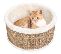 Cat Basket Beige Seagrass & Plush 36cm Round Flakeboard Cozy Pet Bed UltraSoft+