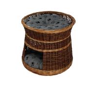 Cat Basket for Sleeping - Indoor Cat House - Diameter: 50 cm Round - Willow Cat Cave - Two-Tier Dog - or Cat Bed - Basket Colour Painted Willow (With Cushion Light Grey)
