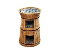 Cat Basket for Sleeping - Indoor Cat House - Size: 50 cm Round - Willow Cat Cave - Three-tier Bed for Dogs or Cats - Natural Basket Colour - Cushion Light Grey