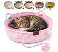 Cat Basket, Round Cotton Rope Cat Bed Scratching Pad, Breathable Foldable All-Season Pet Basket with a Playing Ball Toy, Boho Rope Woven Cats Bed (Grey) (Pink-45CM)