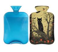 Cat Bat Hot Water Bottle with Cover, Halloween Moon Trees 2L Hot Water Bag for Pain Relief, Neck Soft and Shoulder, Hand Feet Warmer, Hot and Cold Compress for Adult Kids