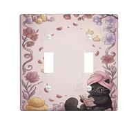 Cat Bathroom Double Light Switch Cover Plate, Fanciful Cozy Flowers Candles Spring Peach Plastic Standard Size Wall Switch Plates Accents for Bedroom Office Kitchen Entrance Decor