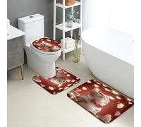 Cat Bathroom Mat Sets 3 Piece, Romantic Heart Pattern Absorbent Non Slip Toilet Rugs U Shaped Washable, Cute Kitty Quick Dry Flannel Bathroom Rug Set