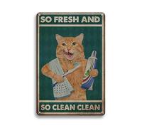 Funny Orange Cat Bathroom Decor Metal Tin Sign So Fresh And So Clean Clean Orange Cat Brushing Teeth And Washing Face Funny Metal Posters, 12x8 Inches Cat Wall Art Funny Bathroom Metal Sign for