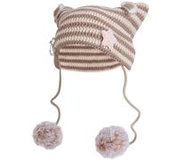 Cat Beanie for Women Girl Y2K Cat Ears Knit Crochet Hat Striped Slouchy Star Pom Pom Skull Cap Grunge Accessories, Khaki Beige, One size