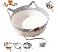 Cat Bed Basket, 40*40*15cm Hand-woven Willow Cat Bed with Toy Tail, Round Cat Beds for Indoor Cats, Breathable All Season Universal, Cat Basket Woven from Cotton Ropes, for All Cats under 4KG (Gray)