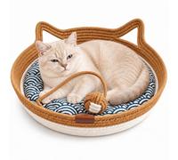 Cat Bed Basket, Puppies Crate Cotton Rope Pet Scratching Nest with Toy Ball | Washable Woven Round Pet Bed, Cozy Sleeper with Cat-ear Handles for Small Dog, Rabbits under 10kg(Khaki with Cushion,S)