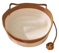 Cat Bed Basket, Puppies Crate Cotton Rope Pet Scratching Nest with Toy Ball | Washable Woven Round Pet Bed, Cozy Sleeper with Cat-ear Handles for Small Dog, Rabbits under 10kg(Khaki,S)